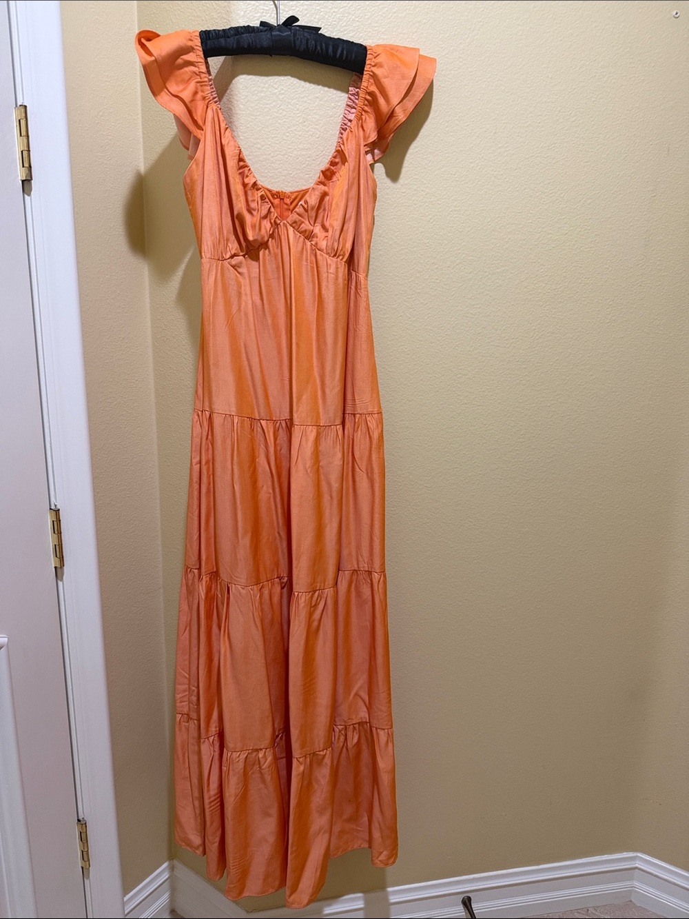 Flutter-Sleeve Tiered Maxi Dress in Peach